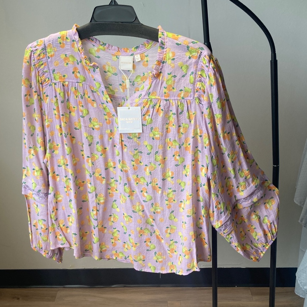Zac & Rachel top boho lemon and fruit print crochet like details lavender 3X - Picture 13 of 17